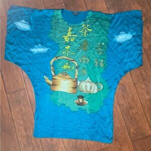 Chinoiserie tea pots print 100% silk caftan dress OS AA07